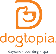 Dogtopia logo with that name in orange and the letter D curved into the shape of a dog's head