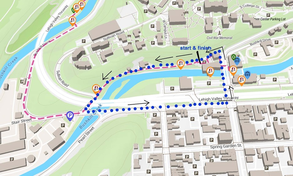 A map illustration of a walking route in downtown Easton, Pennsylvania, that includes the Karl Stirner Arts Trail