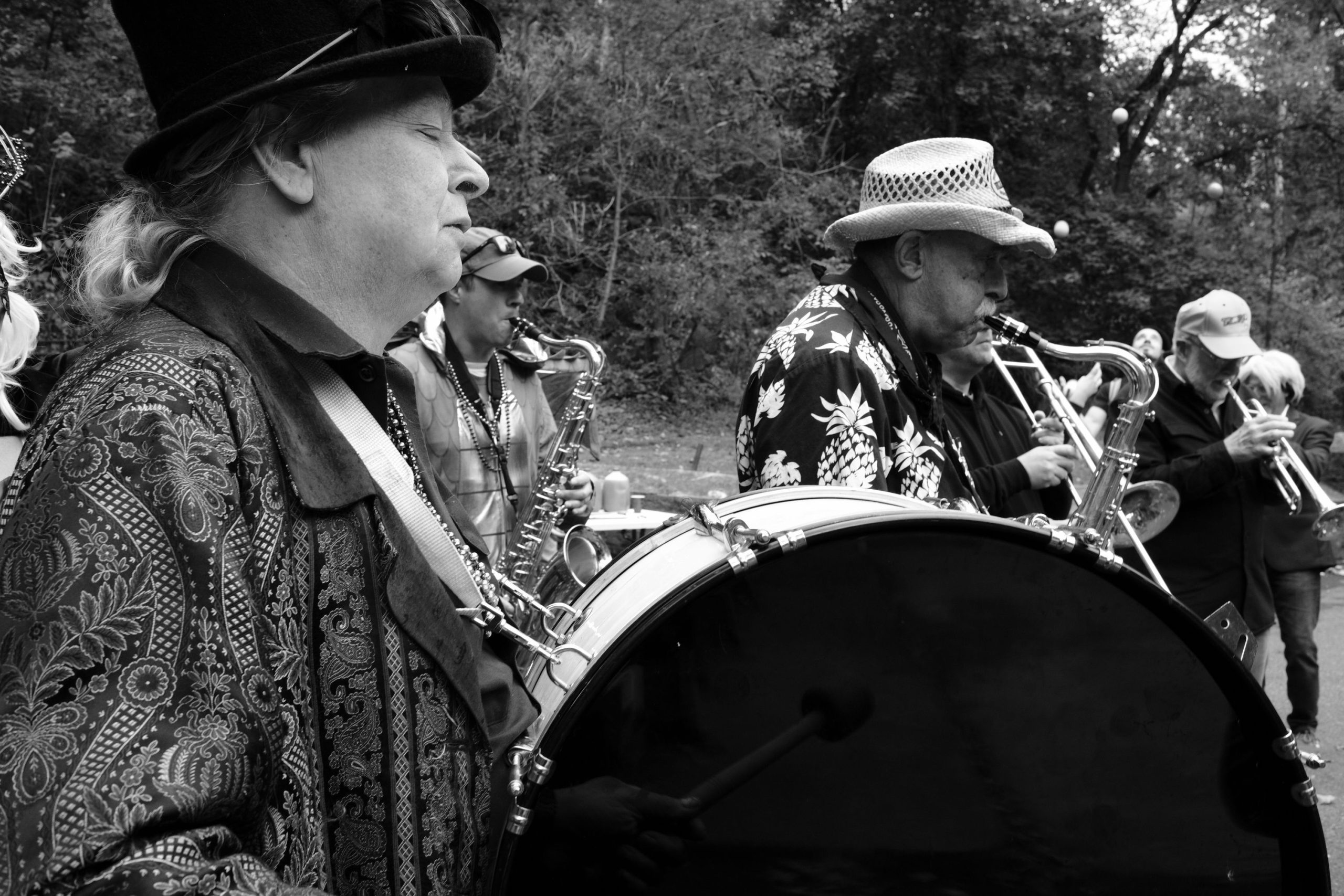 Big Easy Easton Brass musicians perform and walk in costume at the Come As You Art/Arf parade on the Karl Stirner Arts Trail in Easton, Pennsylvania.