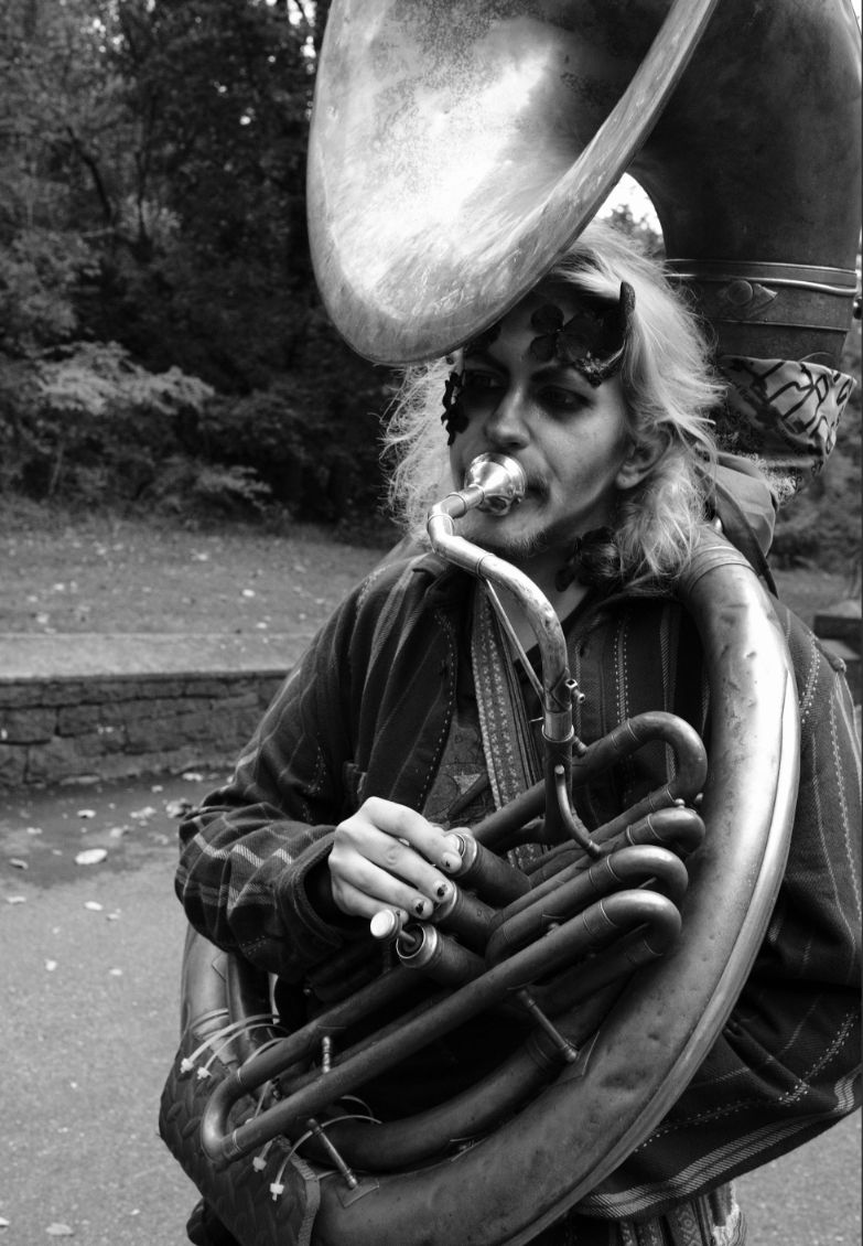 A sousaphone player in the Big Easy Easton Brass band performs at the Come As You Art/Arf costume parade on the Karl Stirner Arts Trail in Easton, Pennsylvania.
