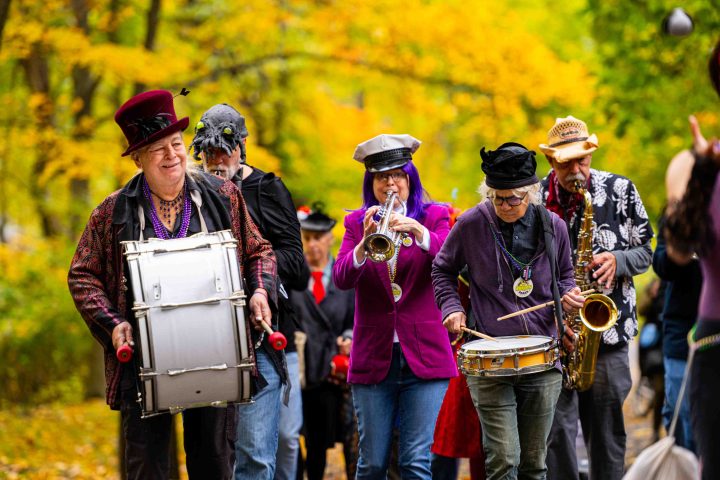 Members of the Big Easy Easton Brass band perform in costume at the Come As You Art parade on the Karl Stirner Arts Trail in Easton, Pennsylvania.