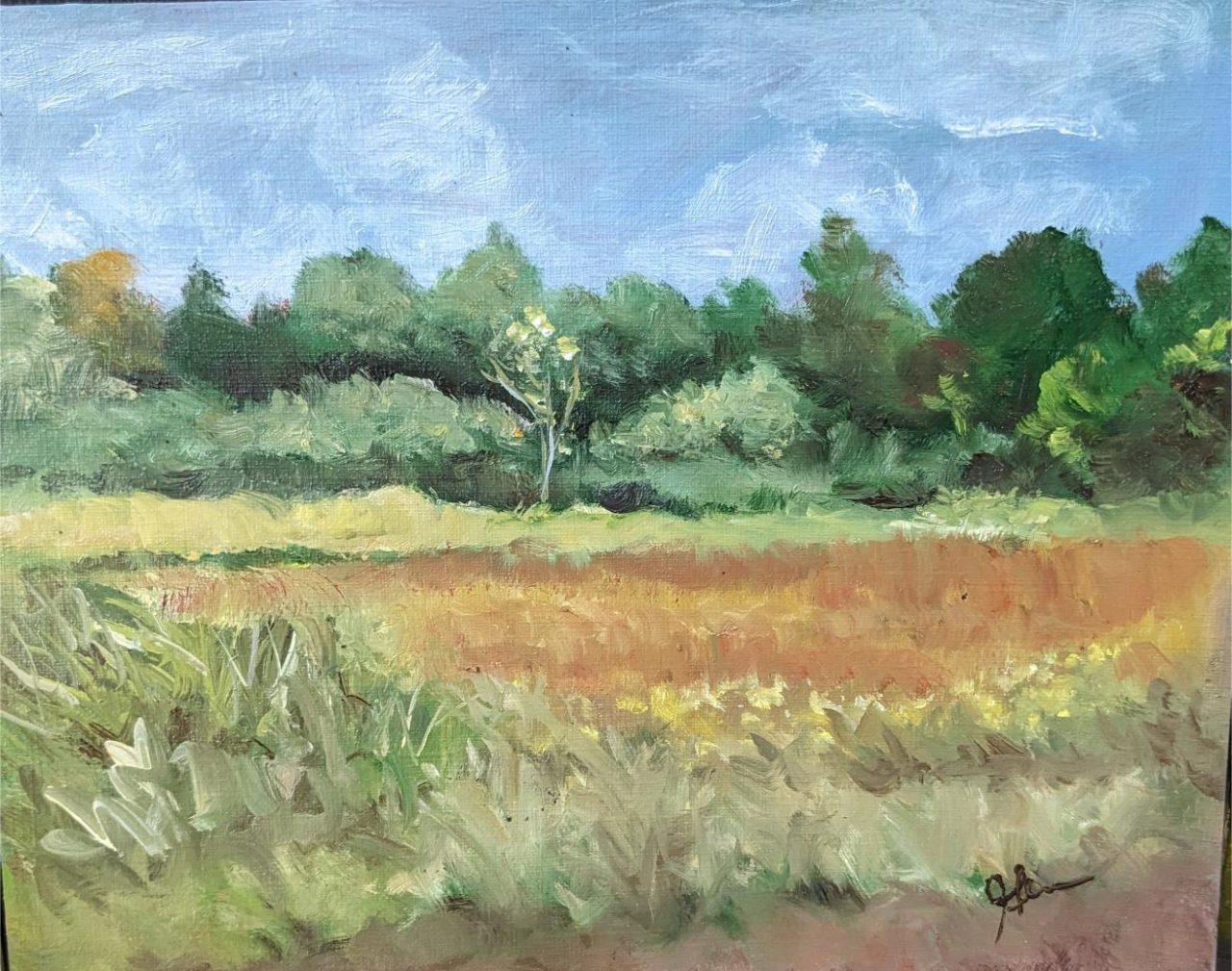 A painting of a field with grass and trees behind it by Jared Clackner for the Karl Stirner Arts Trail Plein Air Painting Invitation sponsored by Vasari Classic Artists’ Oil Colors
