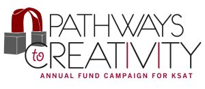 A logo featuring an illustration of the red arch sculpture and the words Pathways to Creativity: Annual Fund Campaign for KSAT
