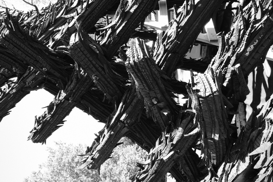 Construction machinery is used during the installation of the recycled rubber tire sculpture by Chakaia Booker, No More Milk and Cookies, on the Karl Stirner Arts Trail in Easton, Pennsylvania.