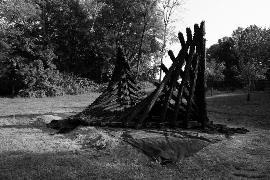 The recycled rubber tire sculpture by Chakaia Booker, No More Milk and Cookies, stands on the Karl Stirner Arts Trail in Easton, Pennsylvania.