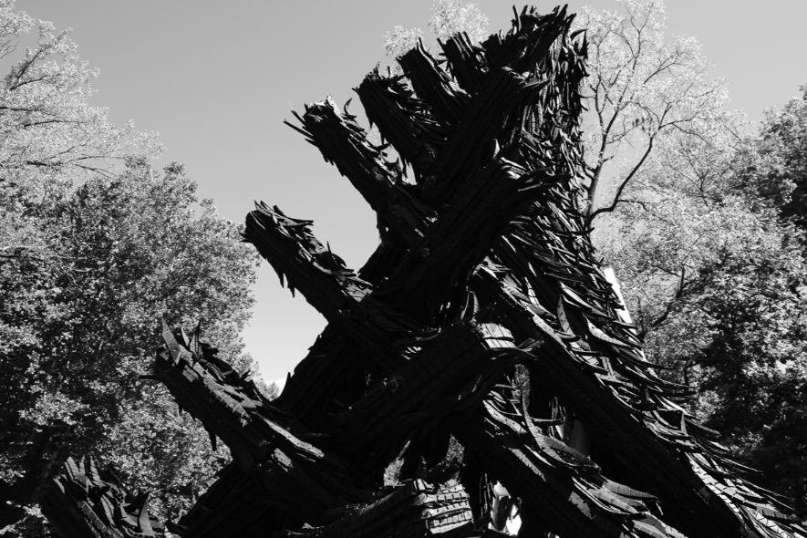 The recycled rubber tire sculpture by Chakaia Booker, No More Milk and Cookies, stands on the Karl Stirner Arts Trail in Easton, Pennsylvania.